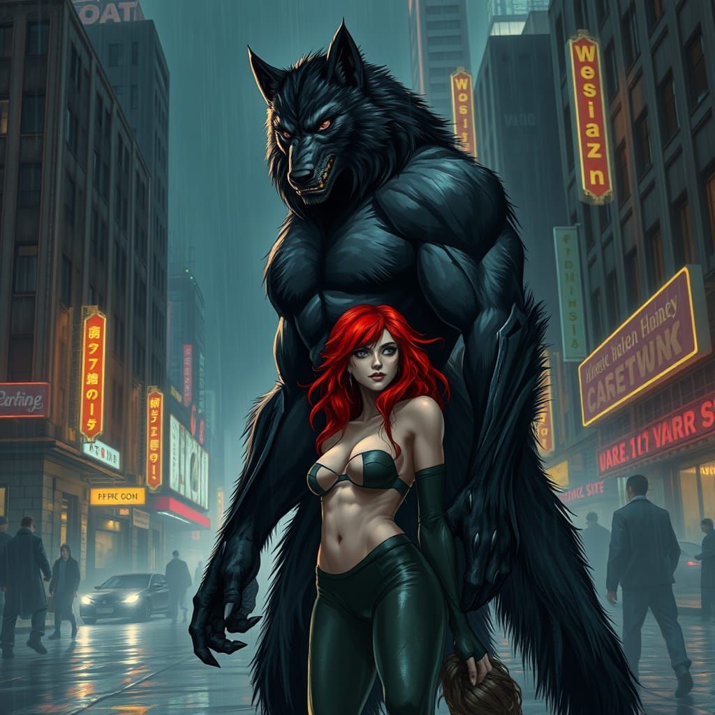 Cyberpunk Werewolf Guardian in Dark Fantasy Style