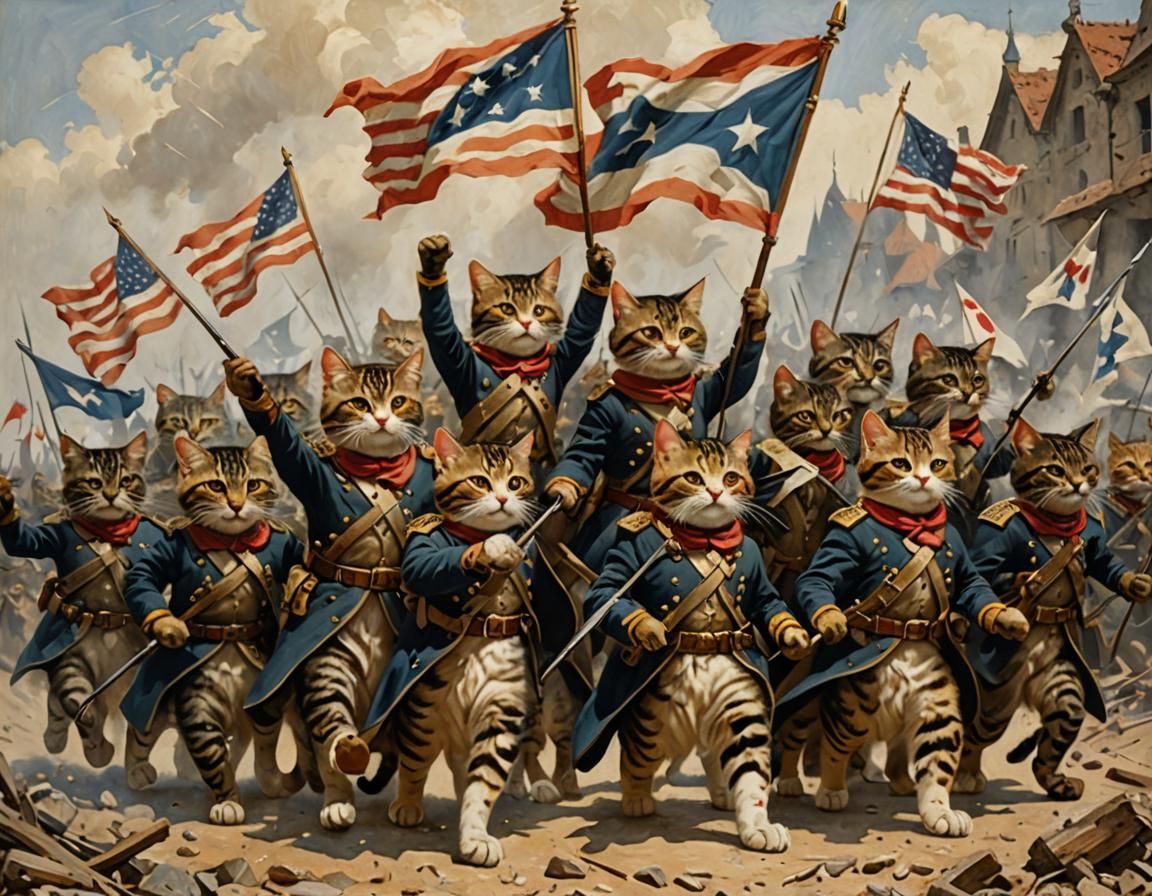 Victorious Cats After Battle as Classical Painting
