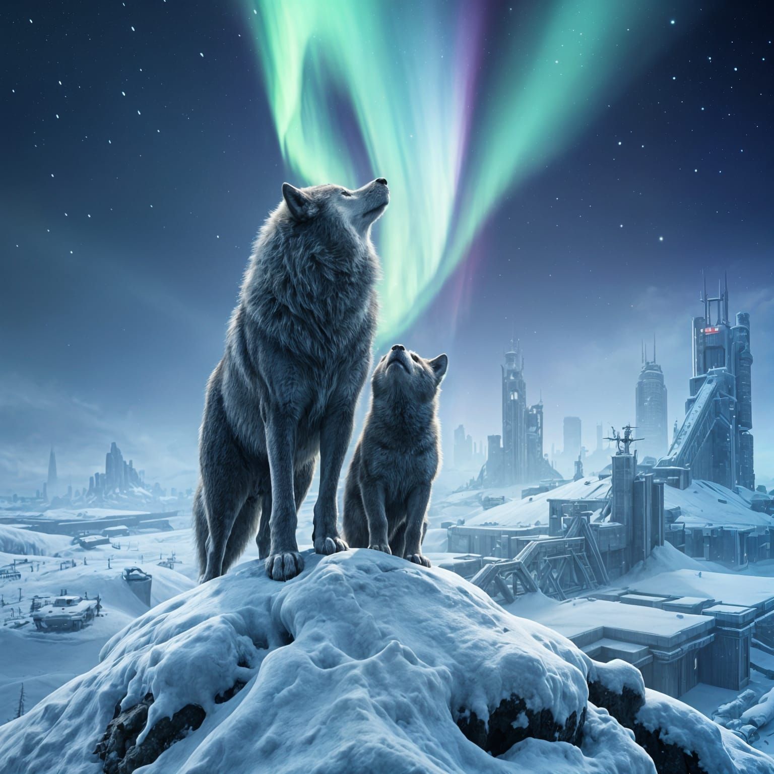 Wolf and Cub in Dystopian Apocalyptic Landscape