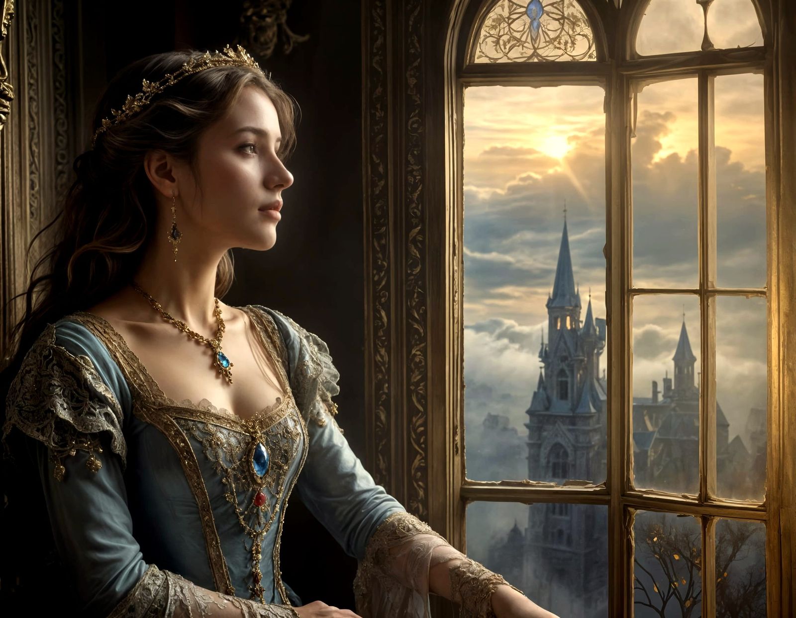 Gustave Doré-Inspired Noblewoman in Rapt Contemplation