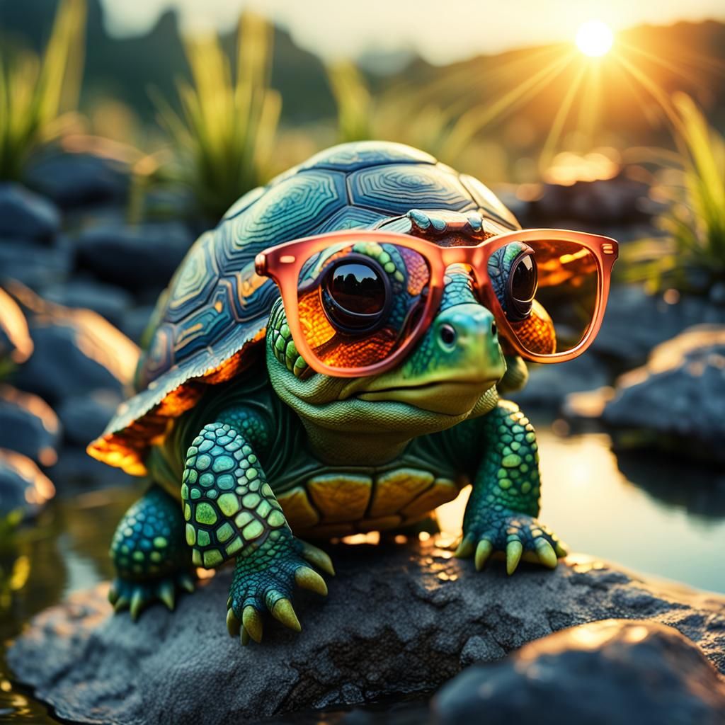 Colorful Turtle in Sunglasses on Whimsical Pond