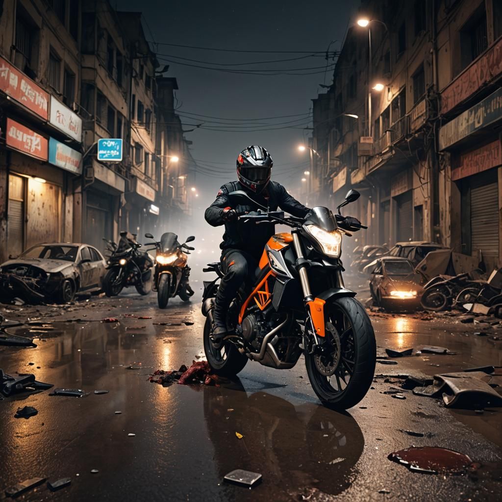 Apocalyptic Motorcycle Rider in Abandoned City