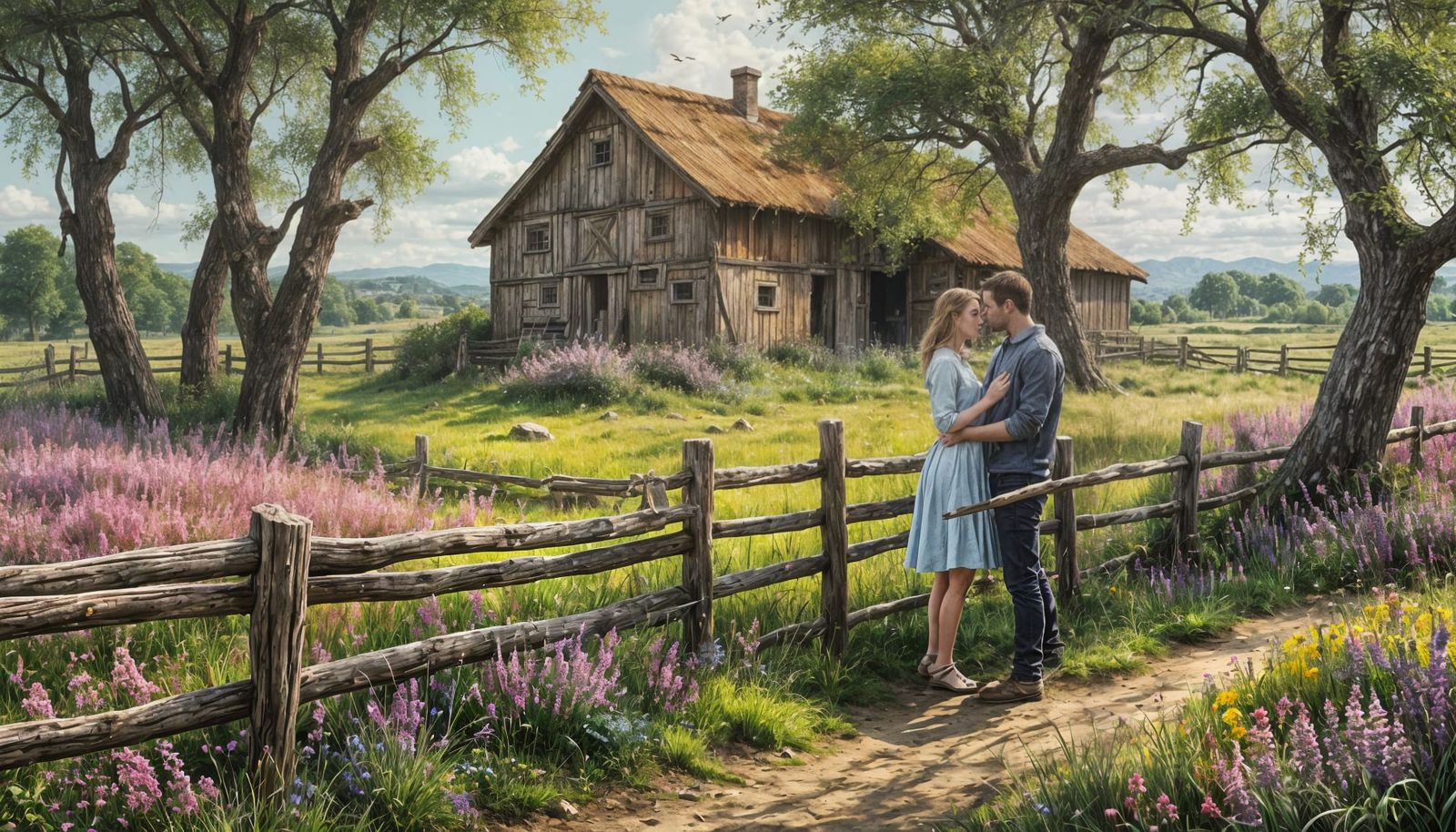 Young Couple in Field, Watercolor Painting