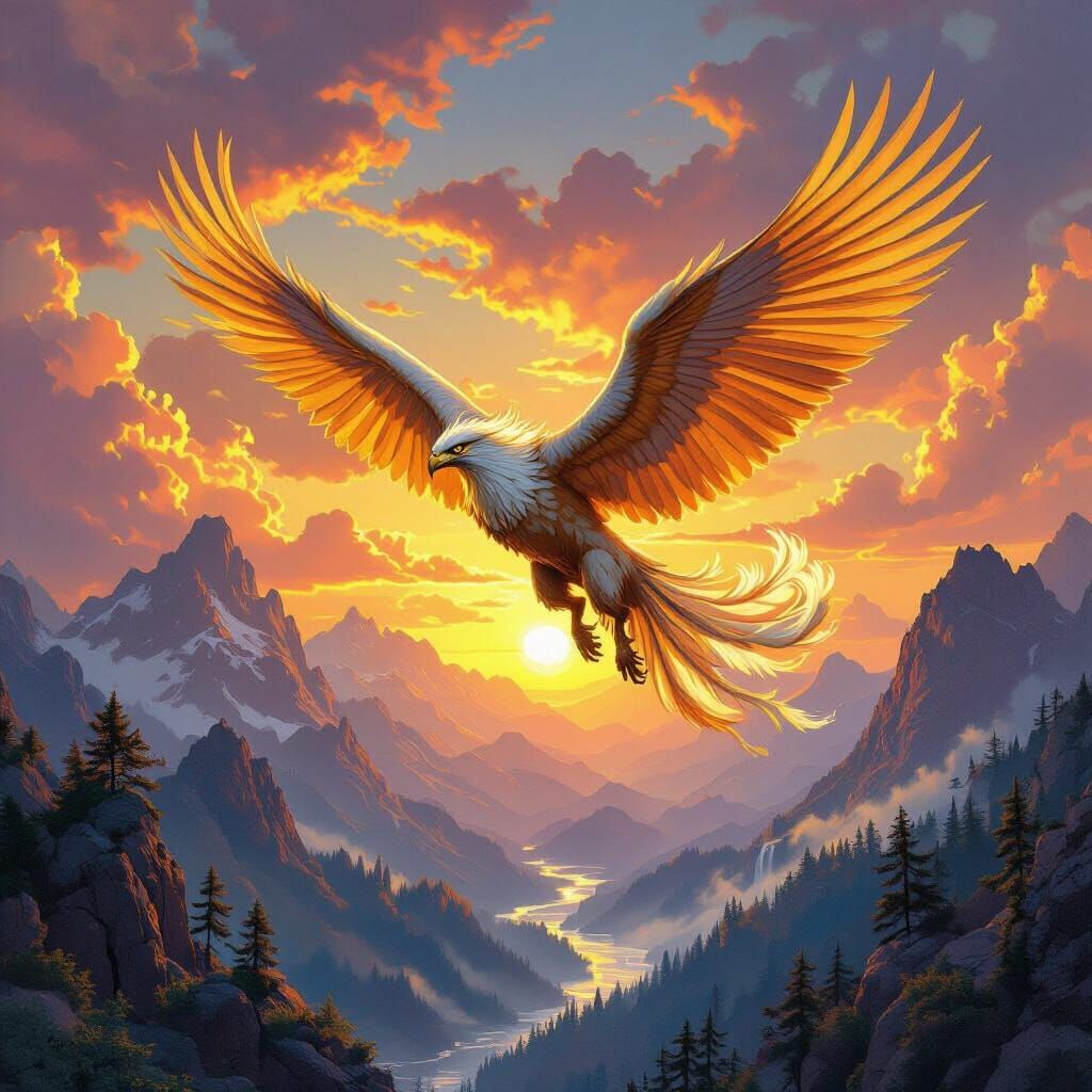 Griffin Soaring at Sunset in Fantasy Art Style