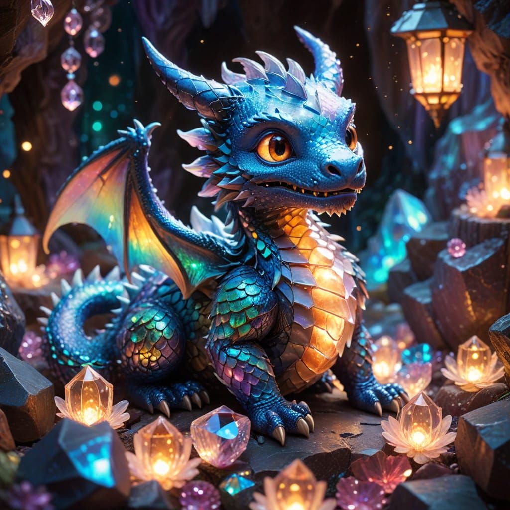 Cute Chibi Dragon on Iridescent Crystals in Ghibli Style