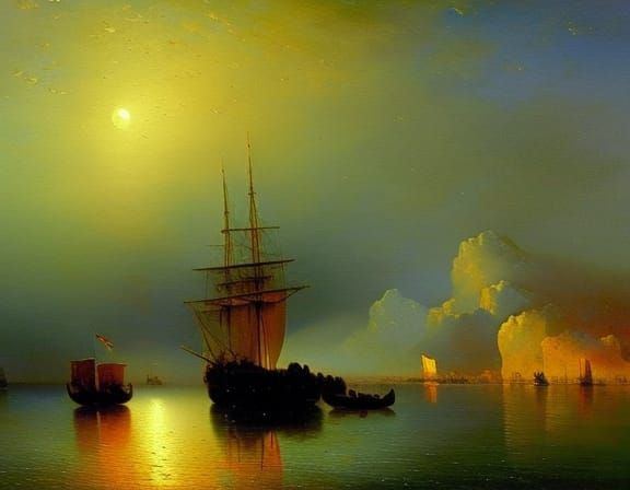 Sailing Ship Under Moonlight in Impressionistic Style