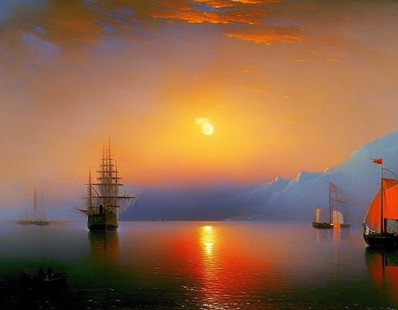 Sailing Ship at Night in Impressionistic Style