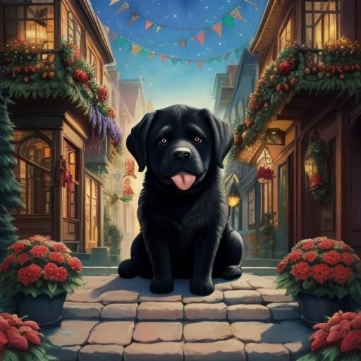 Whimsical Christmas Town with Labrador, Watercolor Style