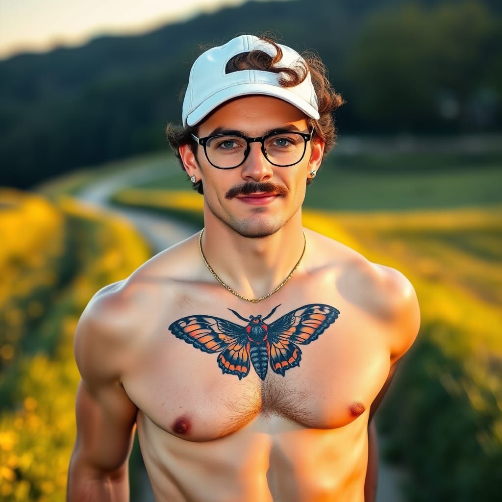 European Man on Meadow Path at Sunrise
