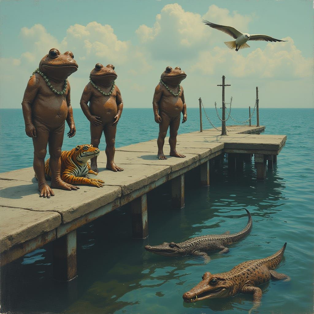 Chocolate Frogmen on Weathered Pier, Bitten by Tiger, in Dre...