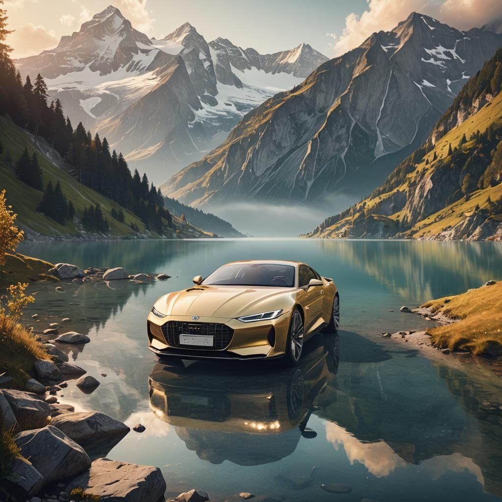 Luxury Car by Swiss Lake, Soft Pastel Concept Art
