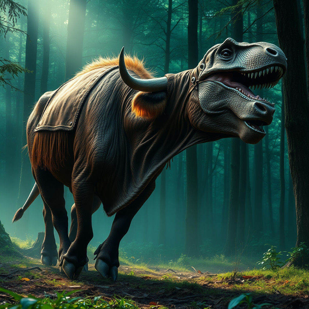 Cow and Dinosaur Encounter in a Misty Forest