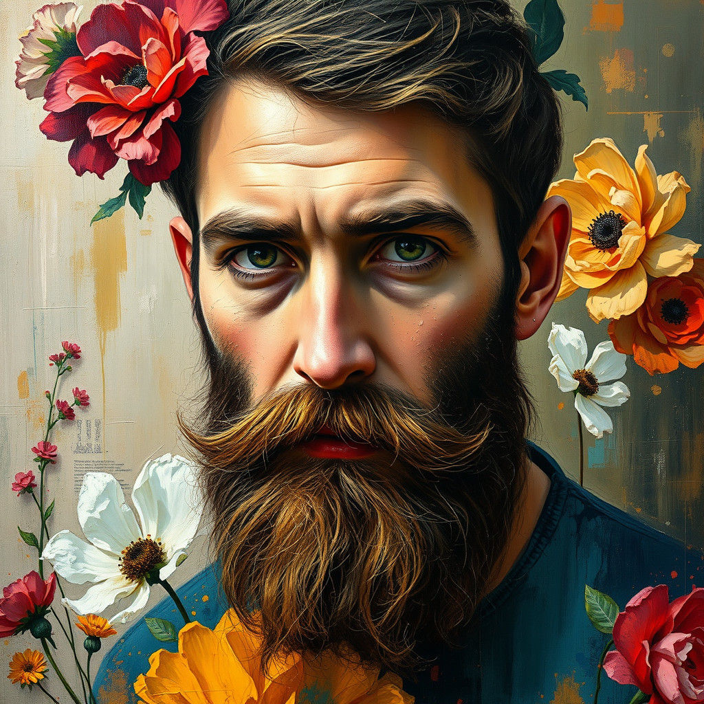 Detailed Oil Painting of Handsome Bearded Florist