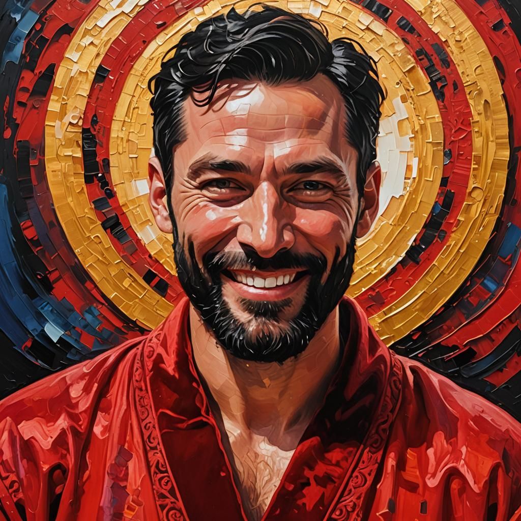 Neo-Expressionist Portrait with Red Robe and Golden Halo