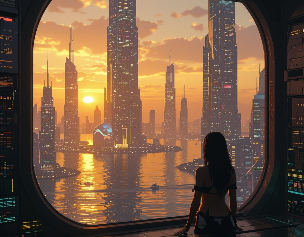 Cyberpunk City at Night in Golden Light