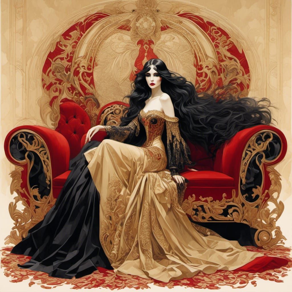 Gothic Woman in Ruby Dress, Dark Fantasy Style