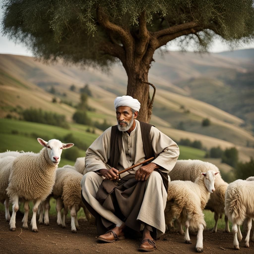 Shepherd with Sheep in Mountain Landscape
