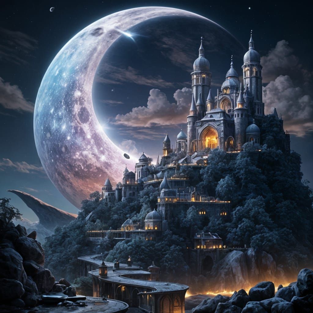 Ethereal Cityscape on Crescent Moon