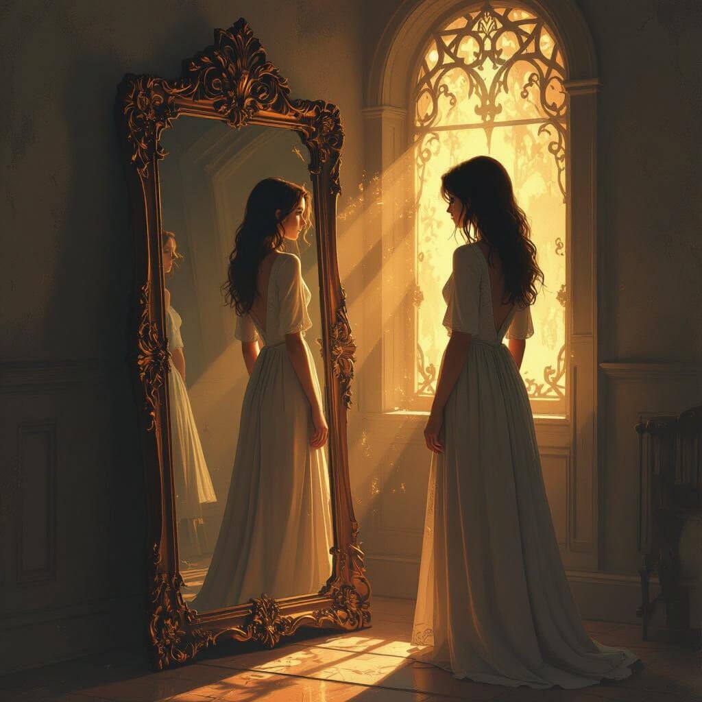 Mystical Woman Gazing Through Antique Mirror