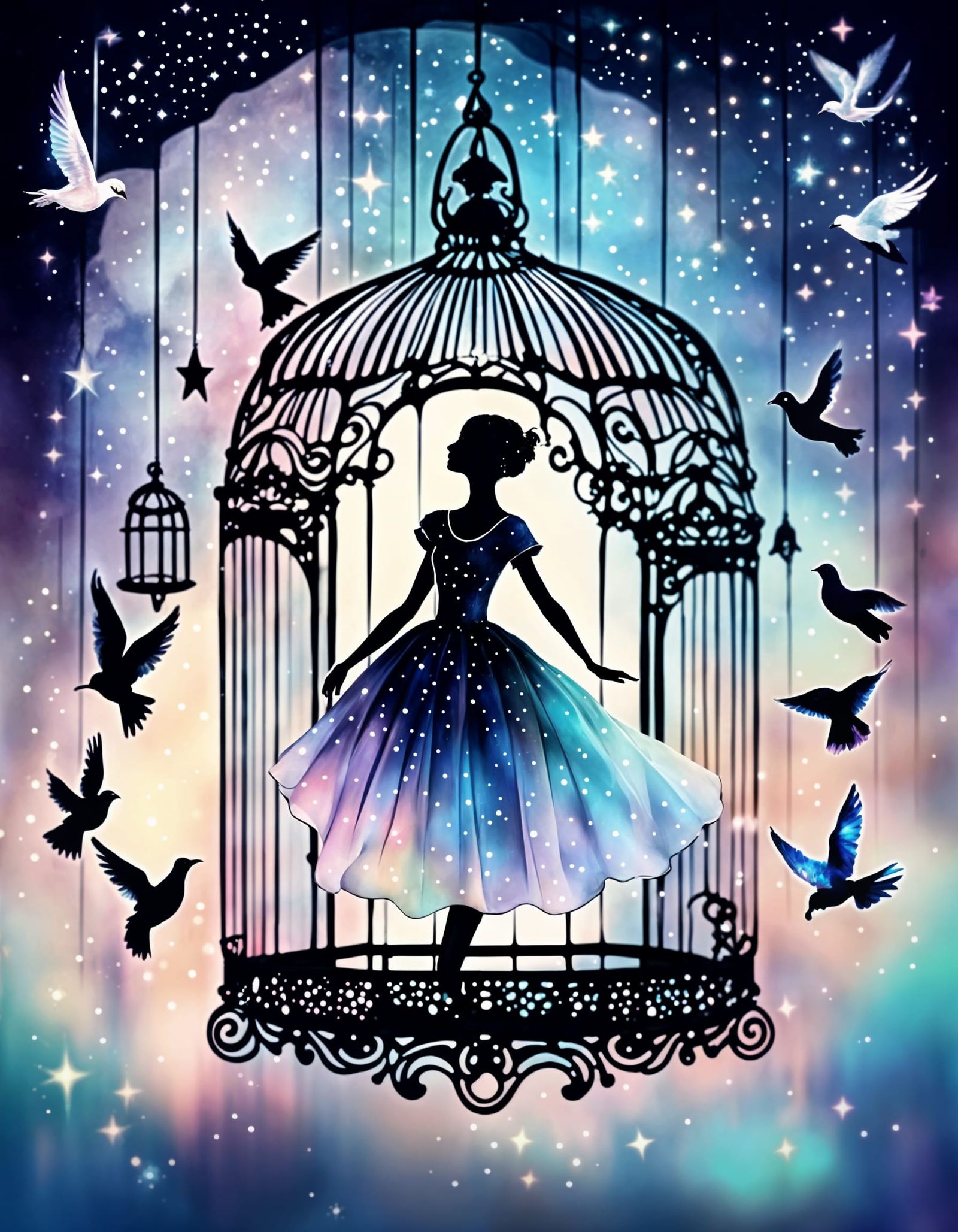 Ballerina Trapped in Iridescent Glass Birdcage
