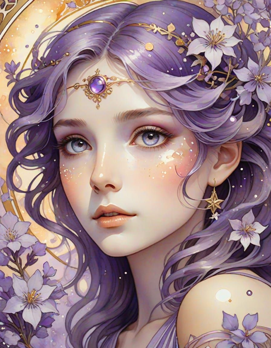 Lavender Eyes with Lilac Blossoms in Art Nouveau Style
