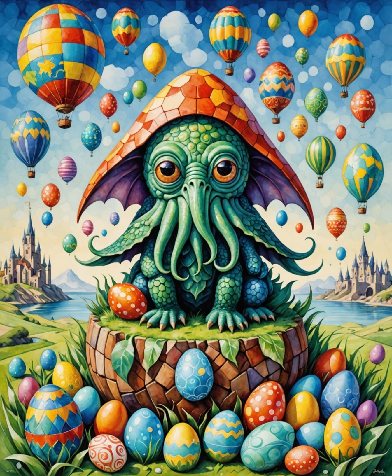 Cubist Easter Scene with Cthulhu in Vibrant Watercolor