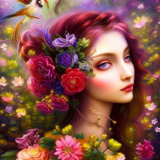 Chrysanthemum Fairy in Lush Meadow, Impressionistic Style