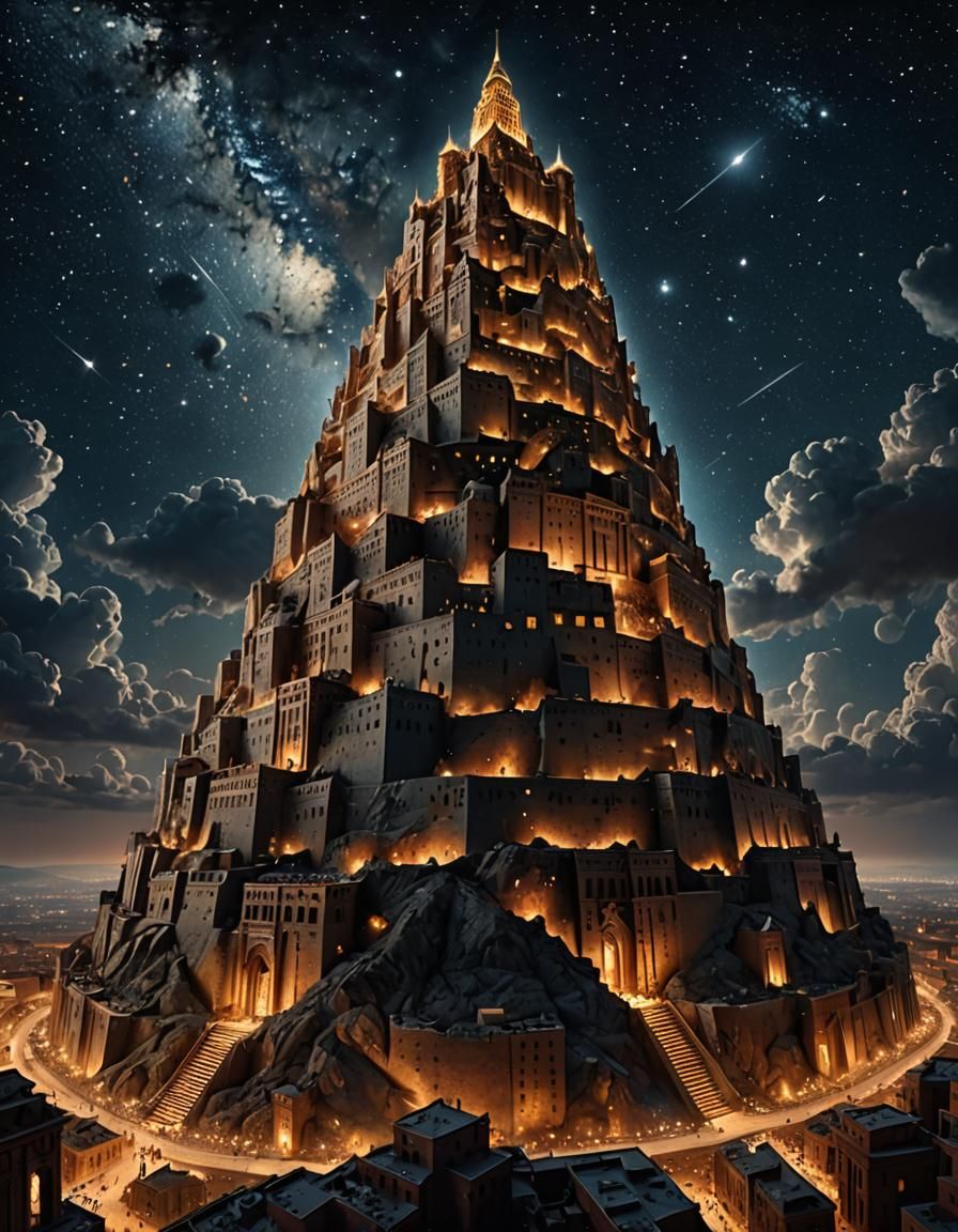 Tower of Babel at Night: Hyperdetailed Concept Art