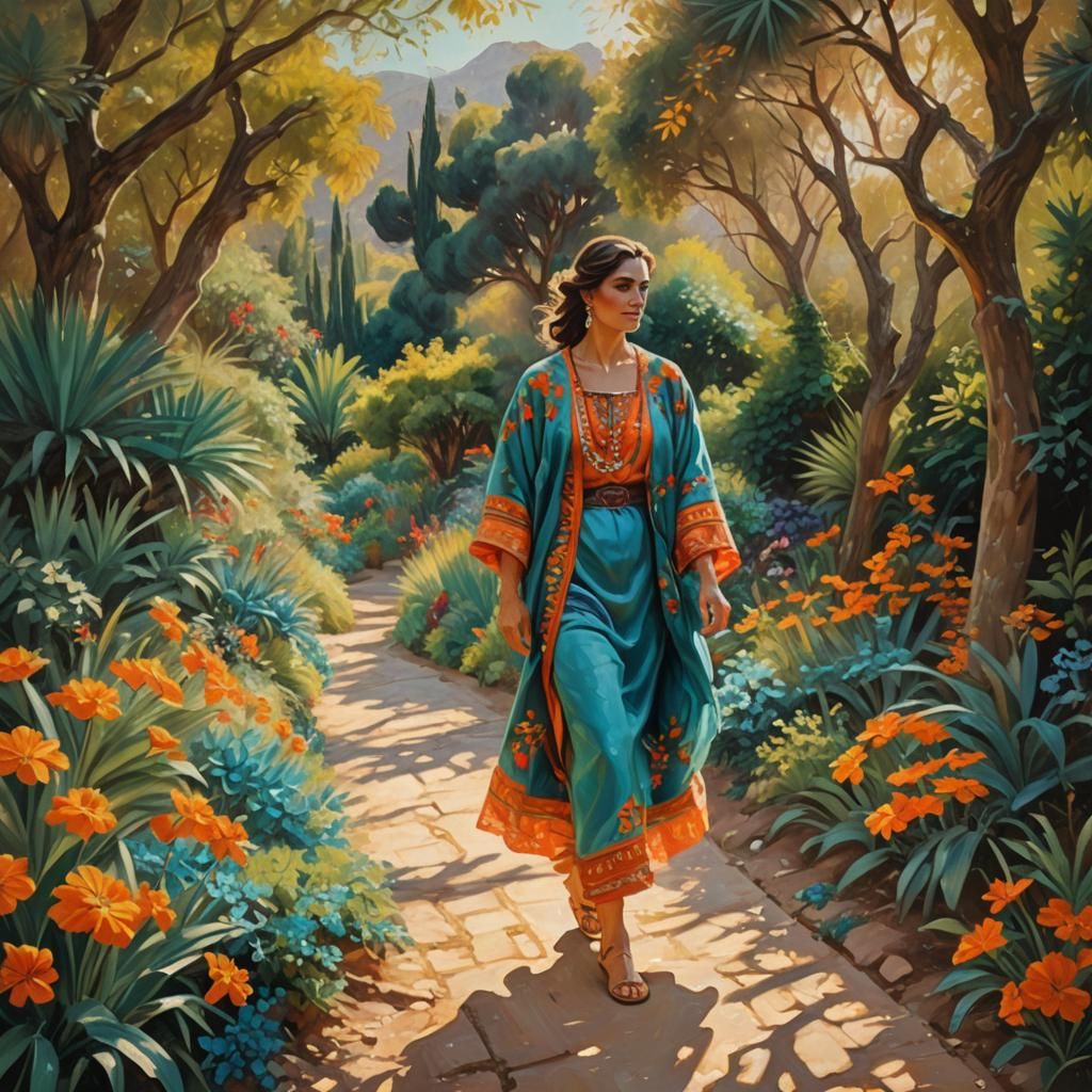 Chypre Woman in Mediterranean Garden: An Oil Painting