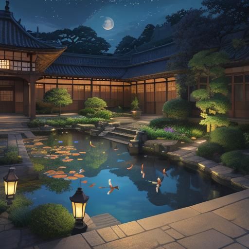 Koi Pond at Night: Studio Ghibli Anime