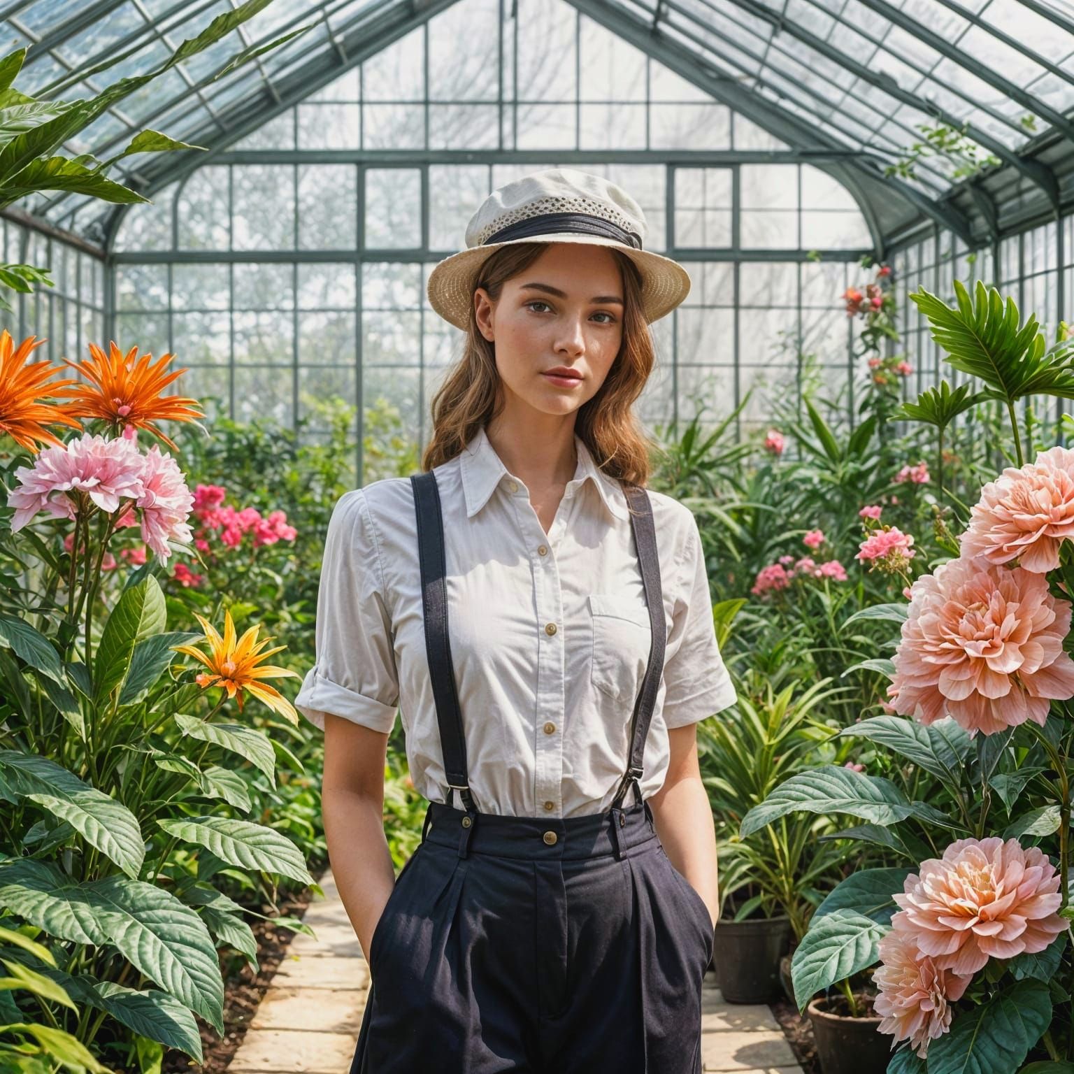 Youthful Gardener in a Vibrant Exotic Greenhouse