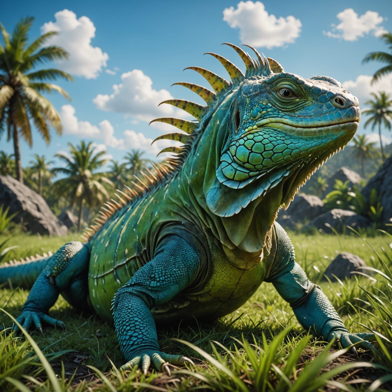 Green Iguana in Detailed Fantasy Landscape