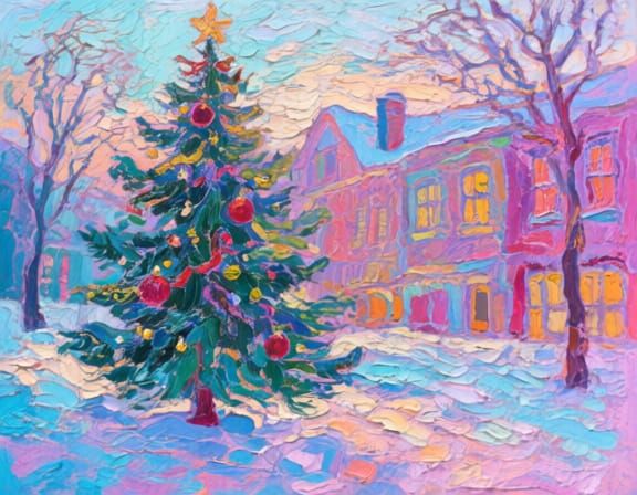Colorful Christmas Postcard in Expressionist Impasto Style