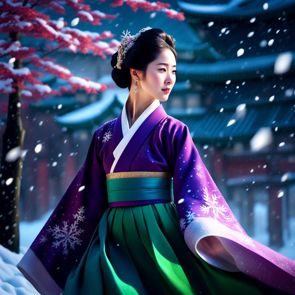 Korean Lady Dancing in Snowfall: Vivid Digital Art