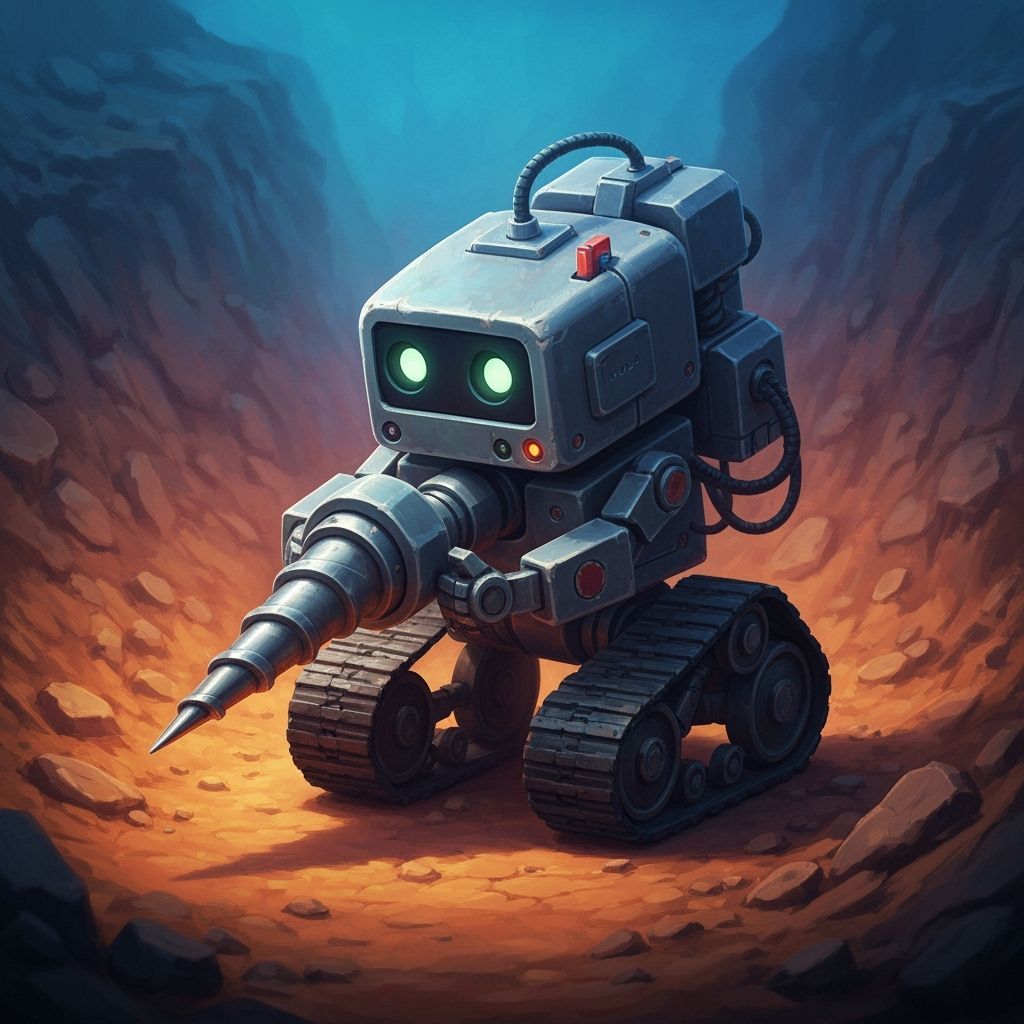 Cute Gray Robot Drills Underground in Stylized Digital Art
