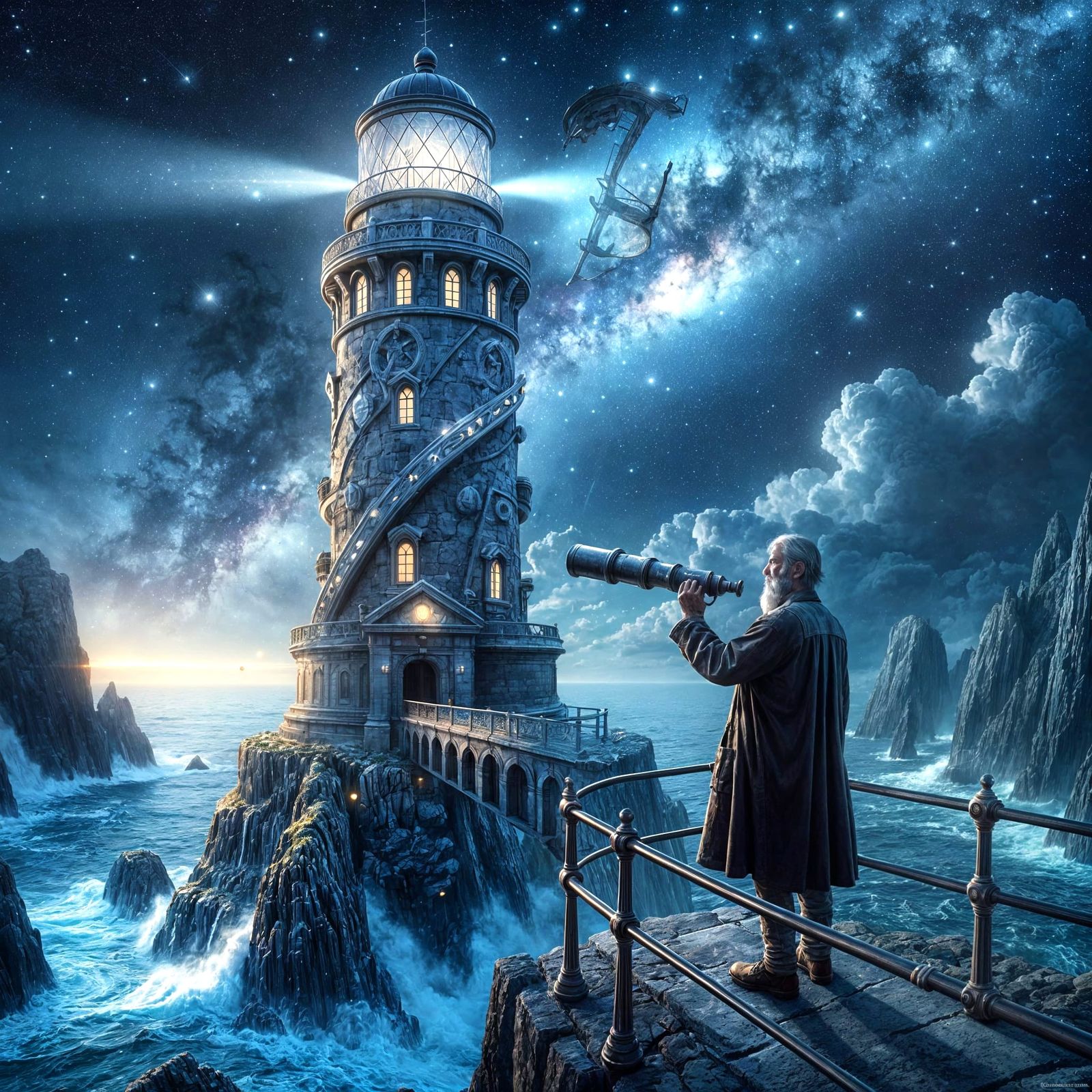 Ancient Obsidian Lighthouse Keeper in Cosmic Storm