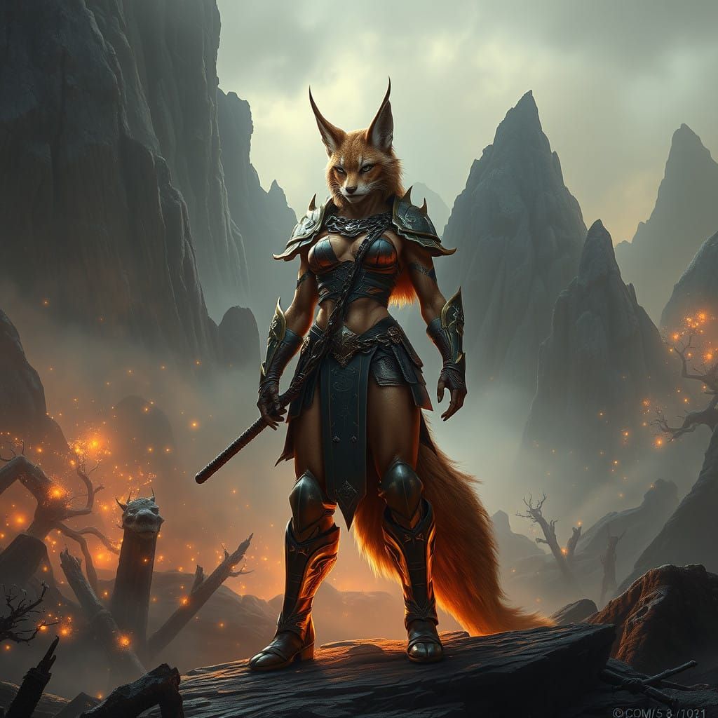 Mystical Warrior Lynx in Ancient Landscape