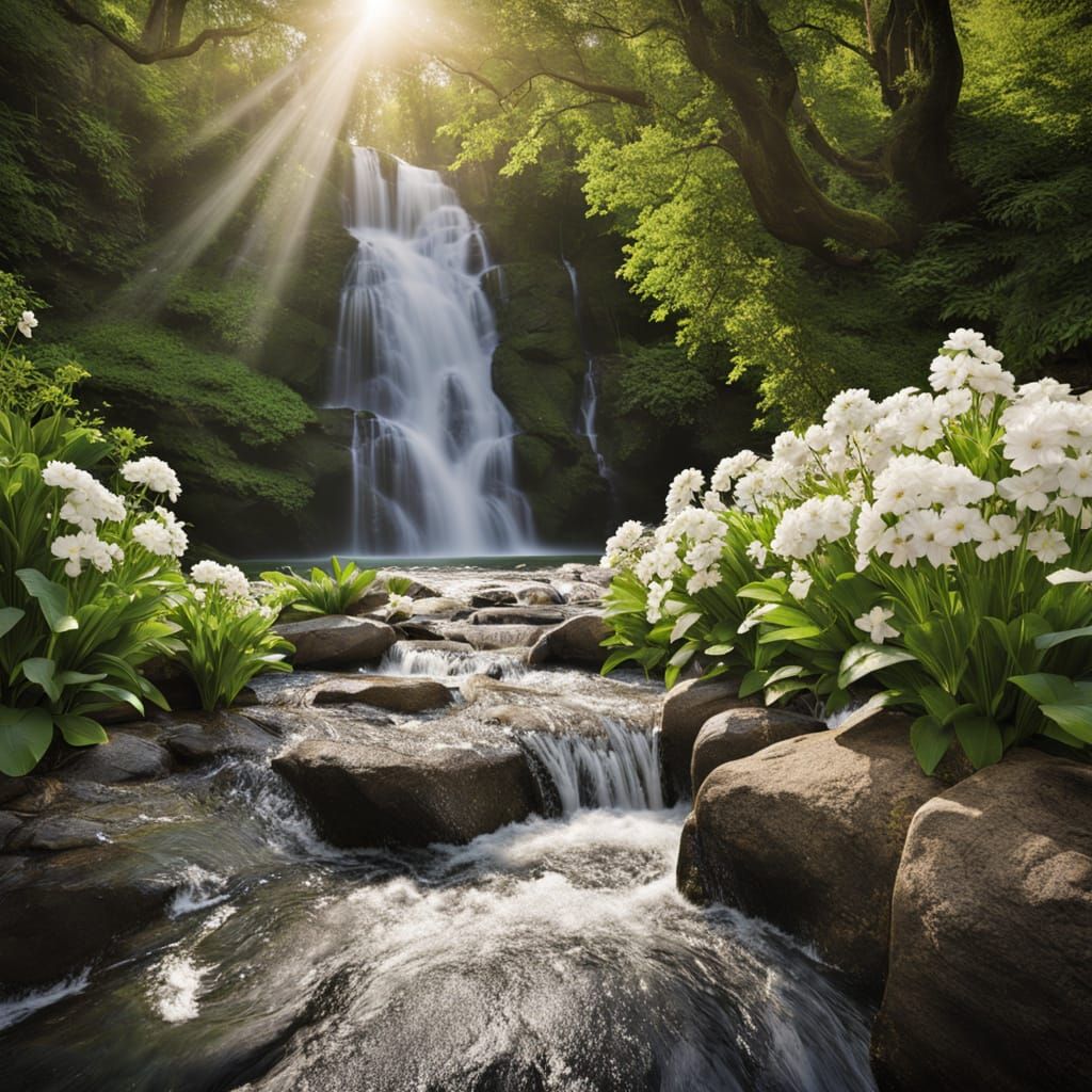 Vibrant Waterfall Scene with Shimmering Pool and Flowers