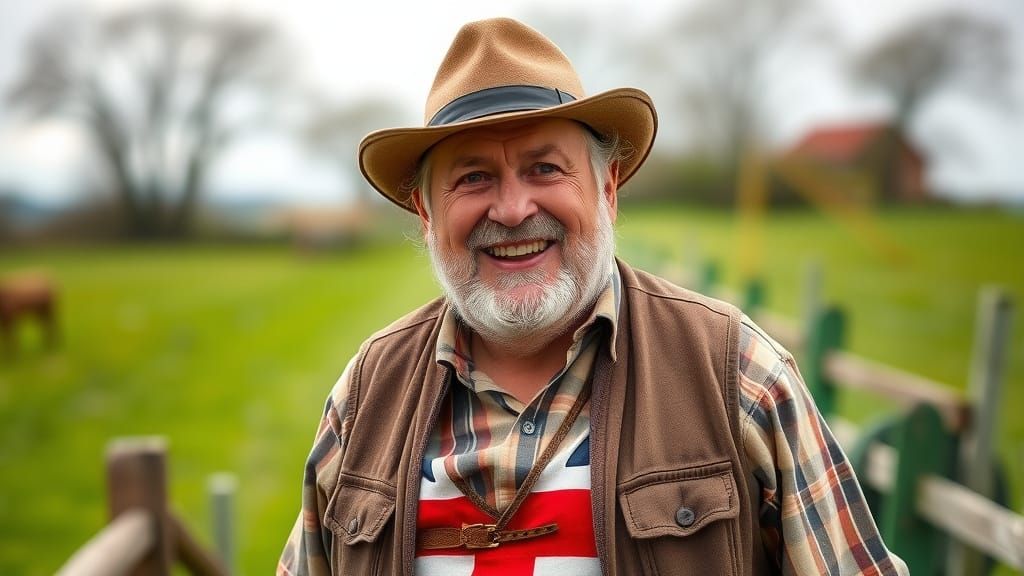 John is a Stout , Jolly and happy middle aged gentleman farmer wearing a  UK Flag waistcoat to show his personification ...