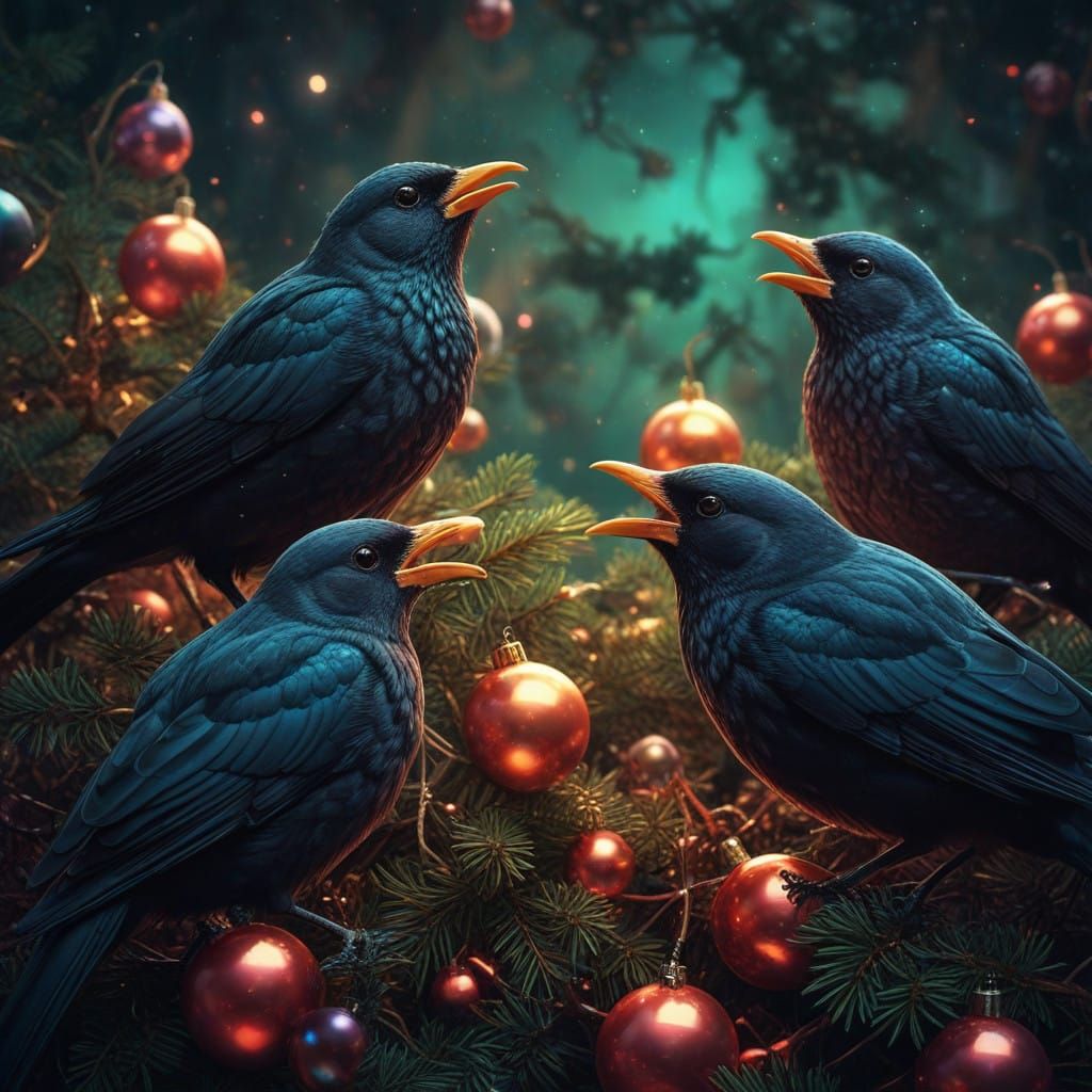 Four Iridescent Blackbirds Singing in Christmas Splendor