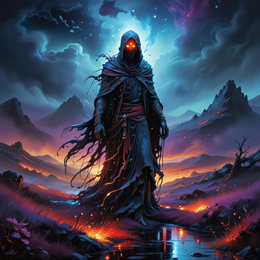 Ethereal Figure on Windswept Moor in Bioluminescent Art