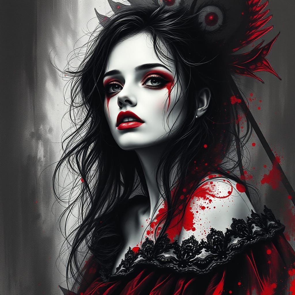 Charcoal Drawing in Deep Black and Vibrant Red