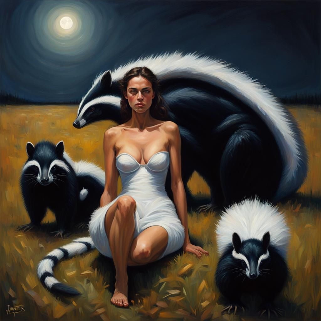 Sad Irina Shayk as Skunk in Oil Painting