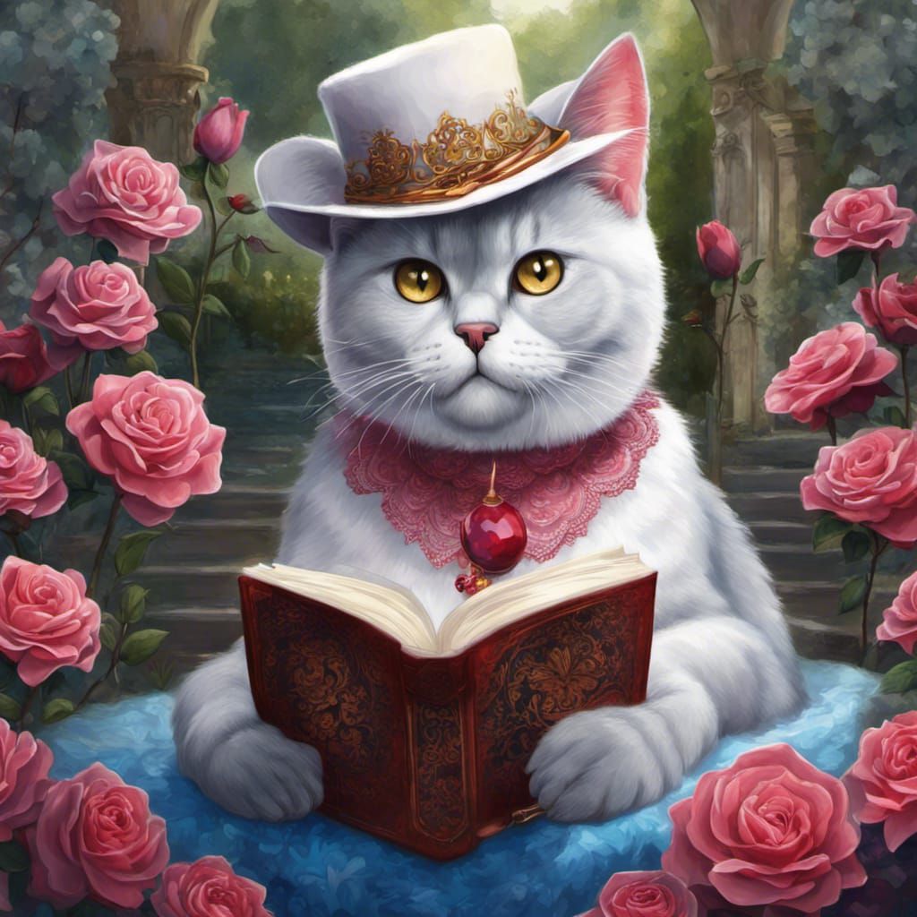 Regal Cat Reads in Rose Garden: Digital Painting