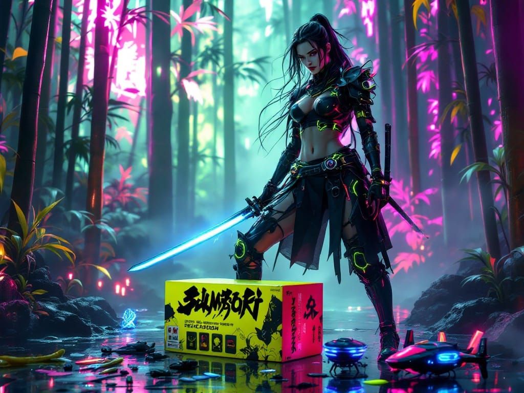 Cyberpunk Samurai Warrior Box Art in Vintage Style