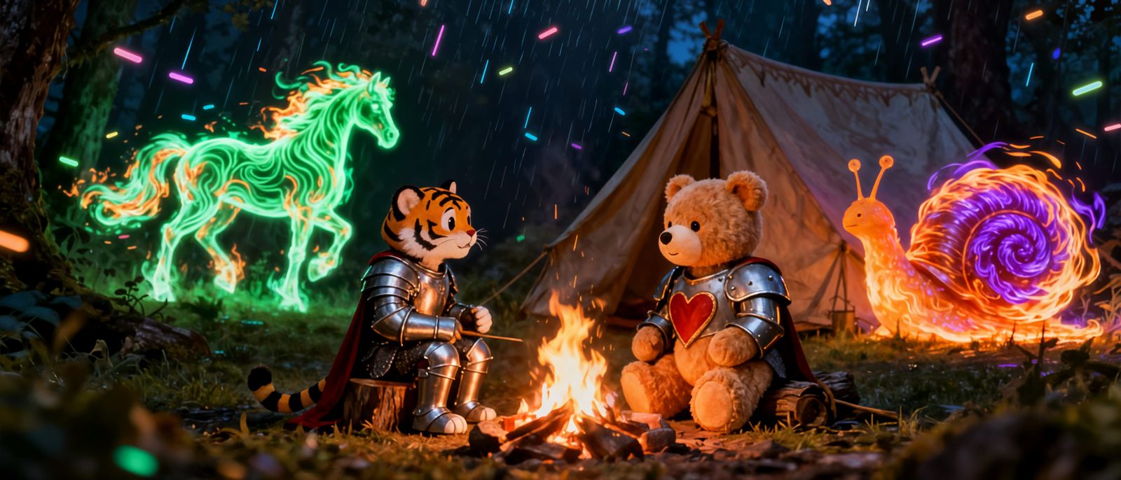 Cute Knights Chatting by Campfire with Magical Creatures