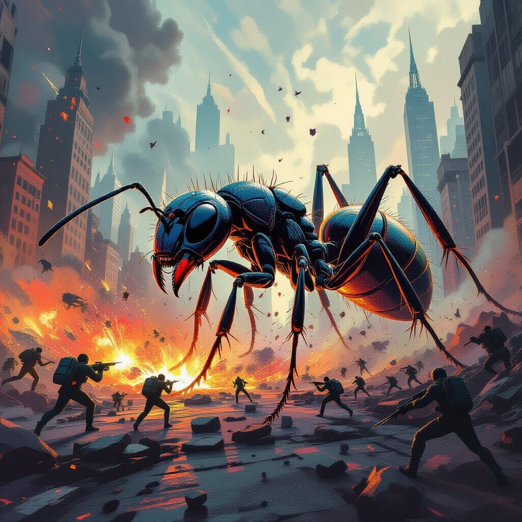 Giant Ant Devastates Cityscape in Vibrant Abstract Art