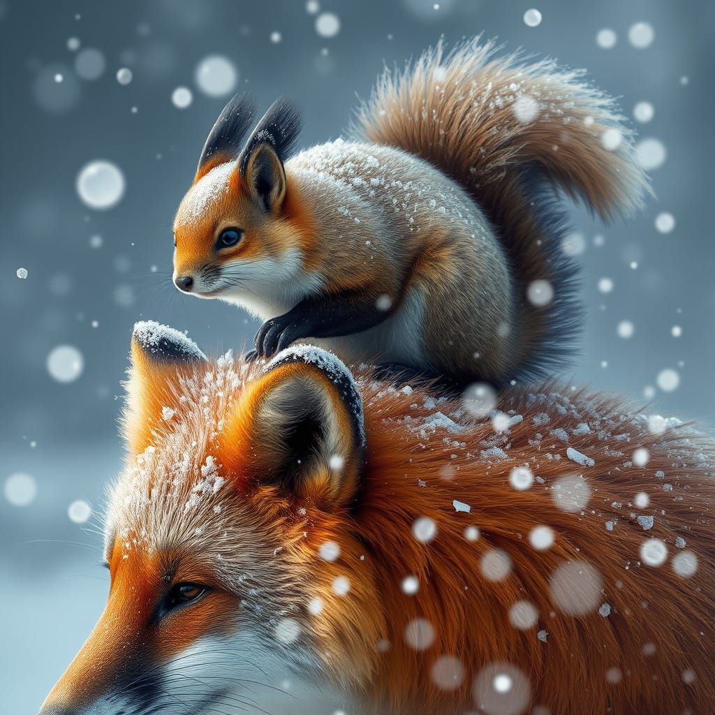 Squirrel and Red Fox in Blizzard Hyper-Realistic Digital Art