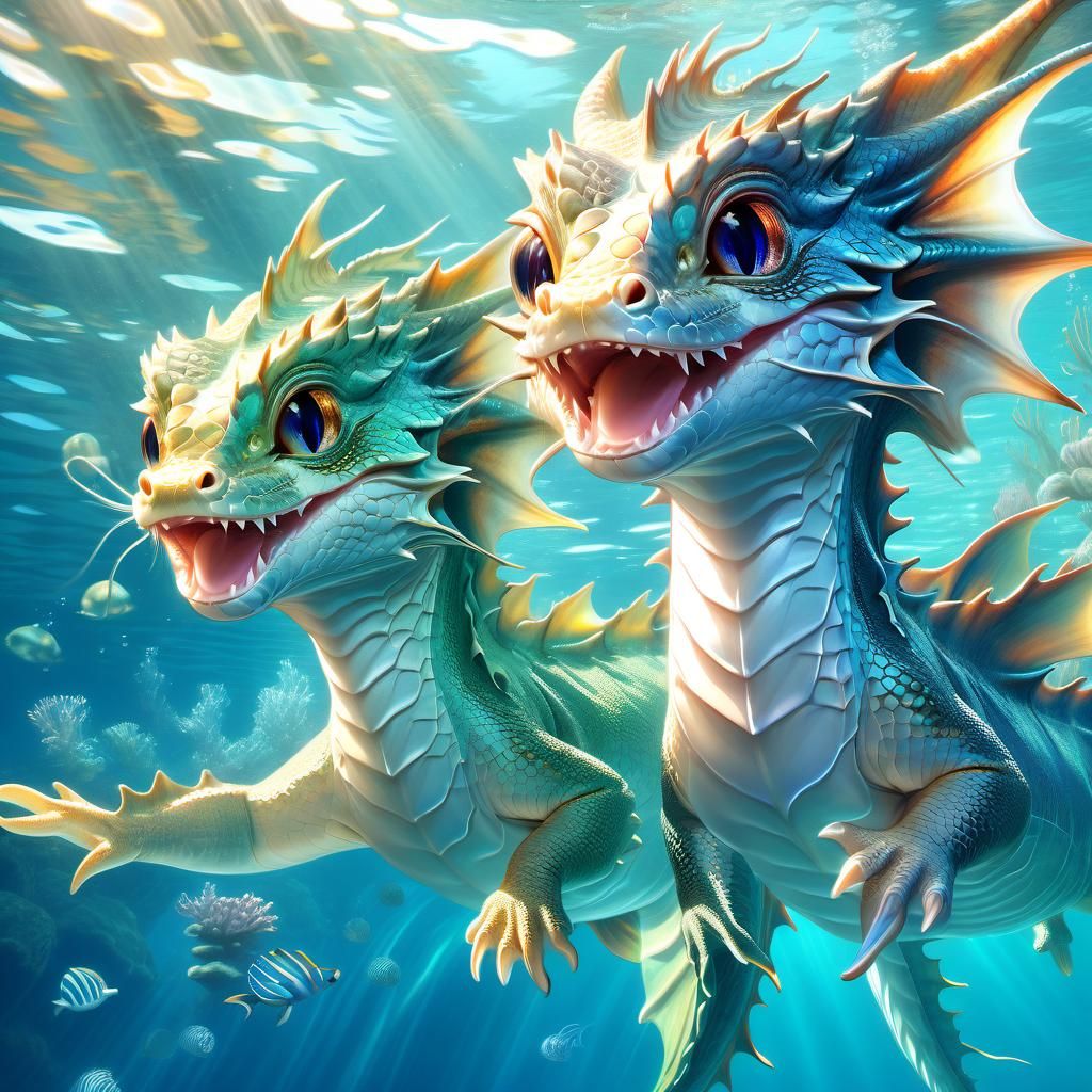 Mythical Water Dragons Swimming in Anime Style