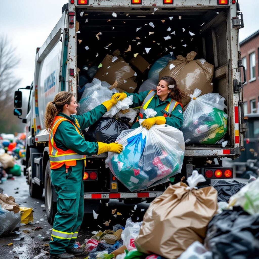 Woman Throws Woman in Garbage Truck: Professional Photograph...